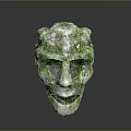 Mystical Stone Mask Depicting Ancient Character With Moss Covered Creature Features And Weathered Texture