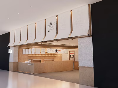 Minimalist Bubble Tea Shop Interior Design With Wooden Counter And Open Shelves 3d model