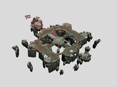 Traditional Ancient Architecture Complex Featuring Circular Stone Path Red Trees And Courtyard 3d model