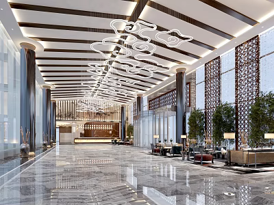 Modern Hotel Lobby Interior With Curved Chandeliers Marble Floor And Seating Areas 3d model