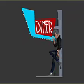 Character Leaning Against Diner Doorway With Red Sign And Beverage Bottles