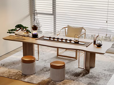 Minimalist Wooden Tea Table And Chairs With Stools Tea Set And Green Potted Plant 3d model