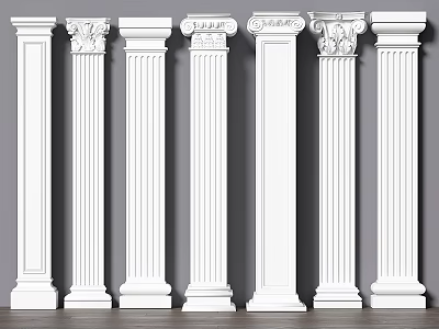 White Classical Roman Columns In Different Styles Against Grey Wall 3d model