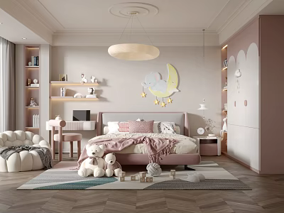 Cozy Kids Room Interior With Pink Bed Teddy Bears Bookshelves And Moon Star Decor 3d model