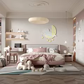 Cozy Kids Room Interior With Pink Bed Teddy Bears Bookshelves And Moon Star Decor