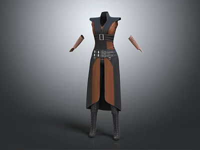 Sleeveless Robe With Black Brown Patchwork Design Belt Metal Buckles Arm Sleeves And Long Boots 3d model