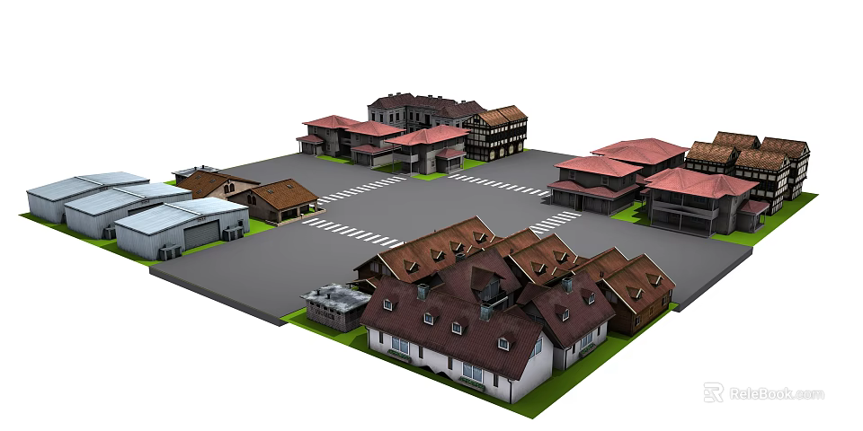 3D Model of Building Complex With Different Roof Styles Parking Lot and Green Lawn 3d model 