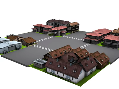 3D Model of Building Complex With Different Roof Styles Parking Lot and Green Lawn 3d model