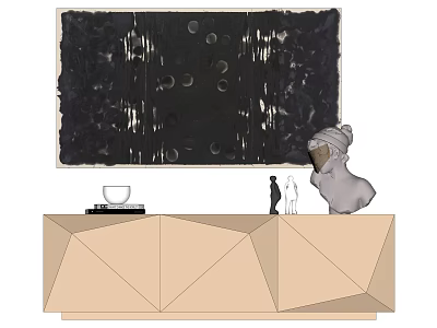 Abstract Black Painting Above Geometric Beige Cabinet With Decorative Statues And Bowl 3d model