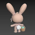 Cute 3D Rabbit Character With Long Ears Purple Eyes Holding Basket Of Colorful Eggs
