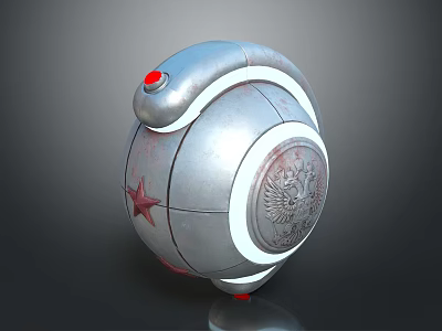Silver Metallic Sphere with Red Star Red Button and Emblem Design 3d model