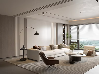 Modern Living Room Interior With White Sofa Brown Chair Coffee Table And Large Window Blinds 3d model