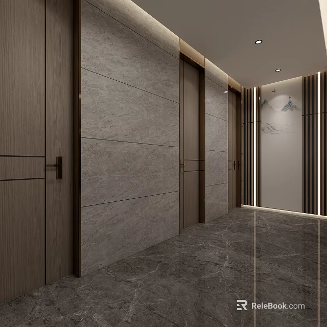 Modern Hotel Bathroom Interior With Marble Walls Wooden Doors And Ambient Lighting 3d model 