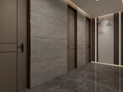Modern Hotel Bathroom Interior With Marble Walls Wooden Doors And Ambient Lighting 3d model