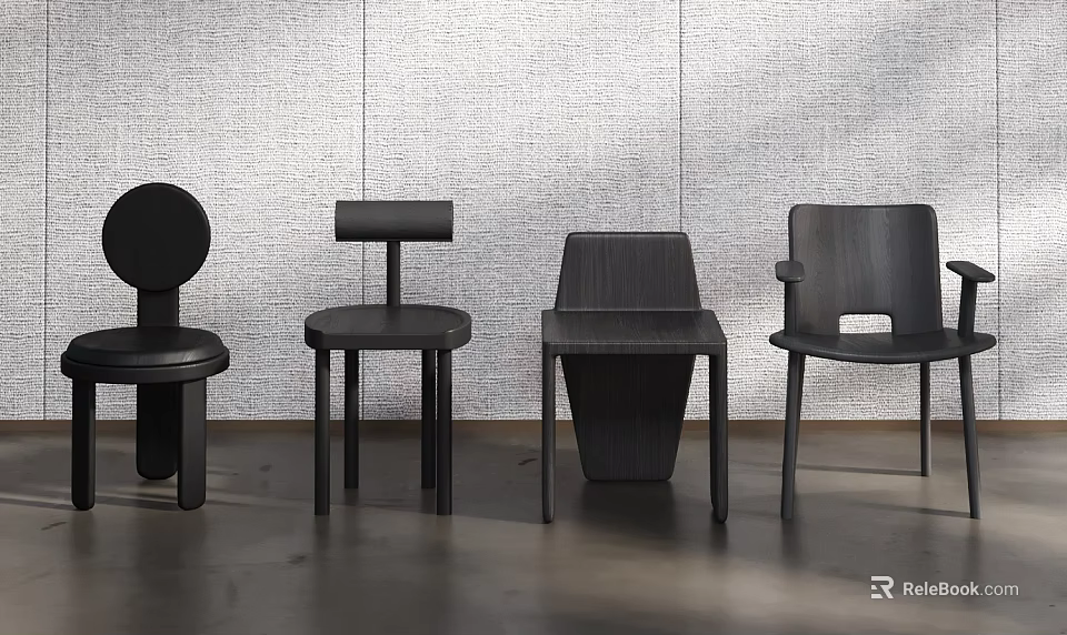 Modern Black Dining Chairs With Different Designs Against Gray Textured Wall 3d model