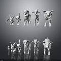 White Standing Animal Figurines Rabbit Dog Sheep Pig on Gray Background with Reflection