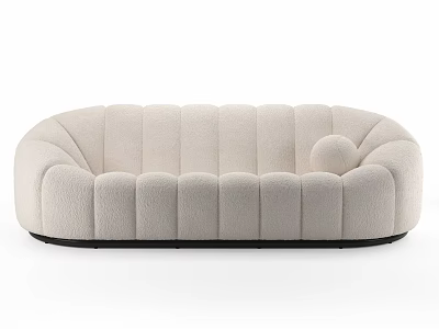 Beige Curved Sofa With Plush Fabric Tufted Details And Round Pillow 3d model