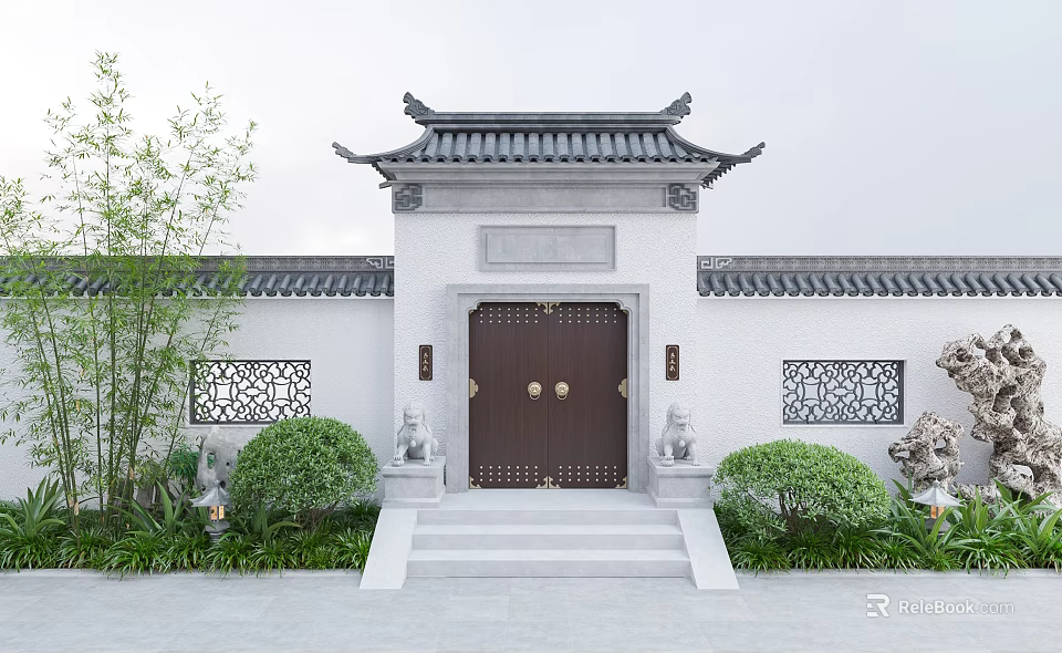 Traditional Chinese Entrance Gate With Ornate Roof Stone Lions Carved Windows And Steps 3d model 