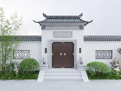 Traditional Chinese Entrance Gate With Ornate Roof Stone Lions Carved Windows And Steps 3d model
