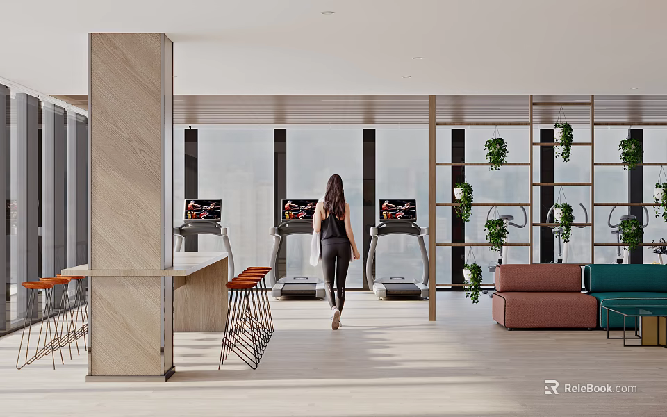 Modern Fitness Studio With Woman Exercising On Treadmills Indoor Plants And Comfortable Seating 3d model 