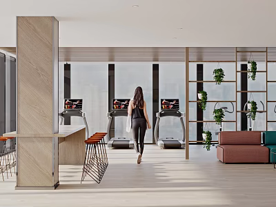 Modern Fitness Studio With Woman Exercising On Treadmills Indoor Plants And Comfortable Seating 3d model
