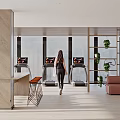 Modern Fitness Studio With Woman Exercising On Treadmills Indoor Plants And Comfortable Seating