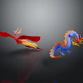Colorful Red Blue Dragon Paper Art Models With Flame Details And Reflections On Dark Background 3d model