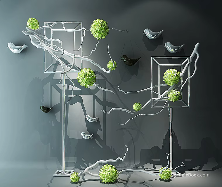 Decorative Ornament Set with Branch Structure Green Spherical Decorations and Bird Figurines on Gray Background 3d model 