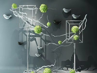 Decorative Ornament Set with Branch Structure Green Spherical Decorations and Bird Figurines on Gray Background 3d model