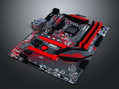 High Performance Gaming Computer Motherboard With Red Black Design Components Slots And Heat Sinks 3d model