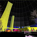 Urban Night Landscape With Illuminated Skyscrapers Green Trees And Open Square