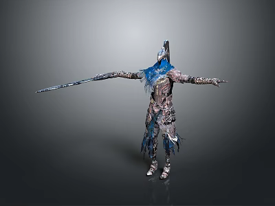 Decorative Medieval Armor Statue With Long Sword Blue Accents And Metal Details 3d model