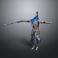 Decorative Medieval Armor Statue With Long Sword Blue Accents And Metal Details