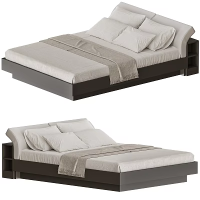 Modern Double Bed With Dark Frame Light Linen And Pillows In Bedroom 3d model
