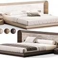 Modern Double Bed With Wooden Frame Marble Texture Headboard Round Nightstand And Color Options