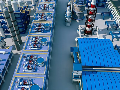Industrial Factory Plant With Blue Roof Pipes Towers And Production Equipment 3d model