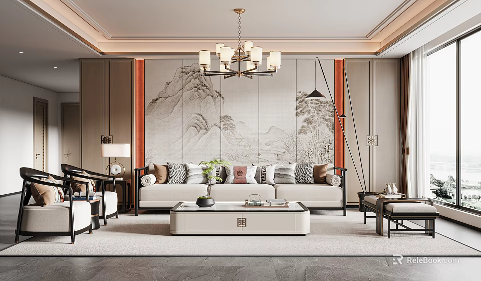 New Chinese Living Room Interior With Landscape Painting Wall Chandelier Sofa And Coffee Table 3d model 