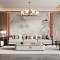 New Chinese Living Room Interior With Landscape Painting Wall Chandelier Sofa And Coffee Table