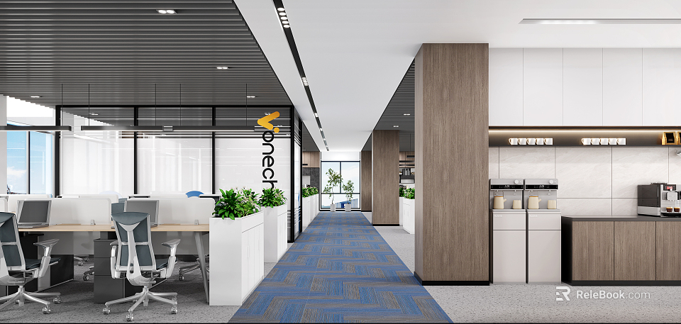 Modern Public Office Space Design With Open Layout Blue Carpet Green Plants Wooden Partitions 3d model 