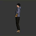 Man In Purple Hoodie Black Pants Yellow Gloves White Blue Shoes Standing On Gray Background