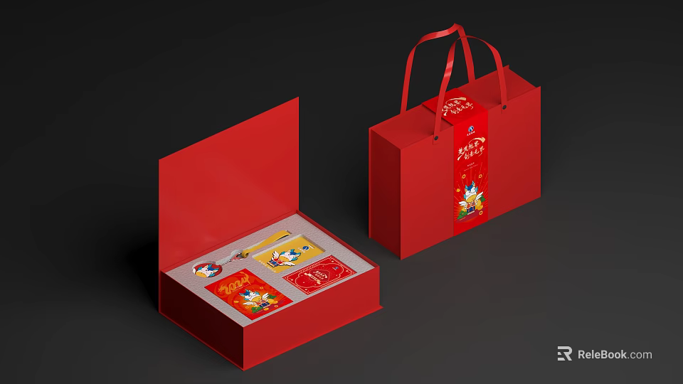 Open Red Gift Box With Items Inside And Matching Red Gift Bag 3d model
