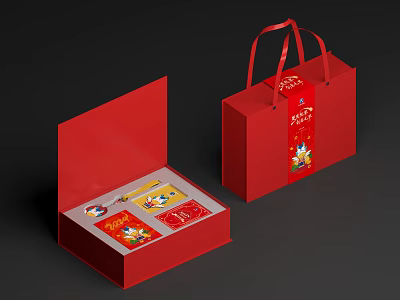 Open Red Gift Box With Items Inside And Matching Red Gift Bag 3d model