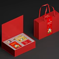 Open Red Gift Box With Items Inside And Matching Red Gift Bag 3d model