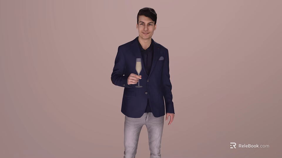 Man In Navy Blue Blazer Holding Wine Glass With Light Brown Background 3d model 