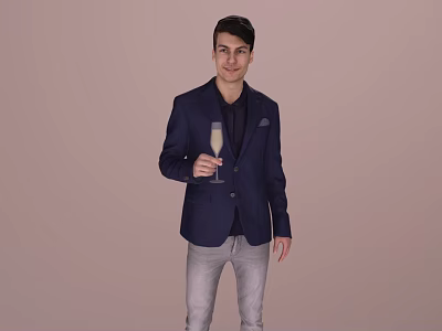 Man In Navy Blue Blazer Holding Wine Glass With Light Brown Background 3d model