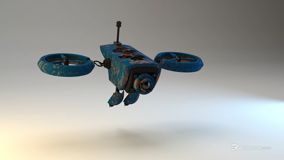 Blue Fighter Jet With Two Large Rotors And Camera Flying Design 3d model