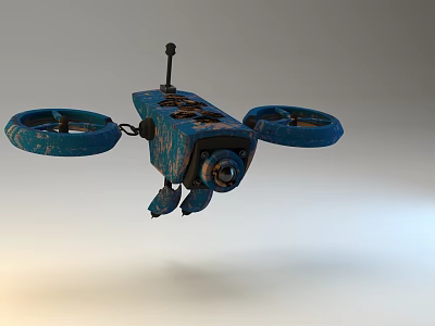 Blue Fighter Jet With Two Large Rotors And Camera Flying Design 3d model