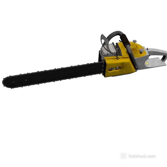 Yellow And Silver Chainsaw Power Tool With Long Cutting Chain And Handle 3d model 