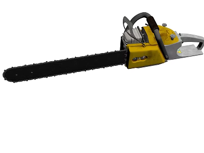Yellow And Silver Chainsaw Power Tool With Long Cutting Chain And Handle 3d model