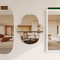 Modern Decorative Mirrors with Oval Flower and Rectangular Shapes in Living Room Interior 3d model